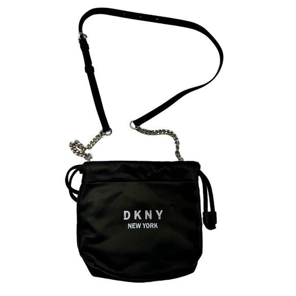 Dkny Handbags - DKNY Drawstring Pouch Canvas Crossbody Bag Adjustable Strap Silver Chain